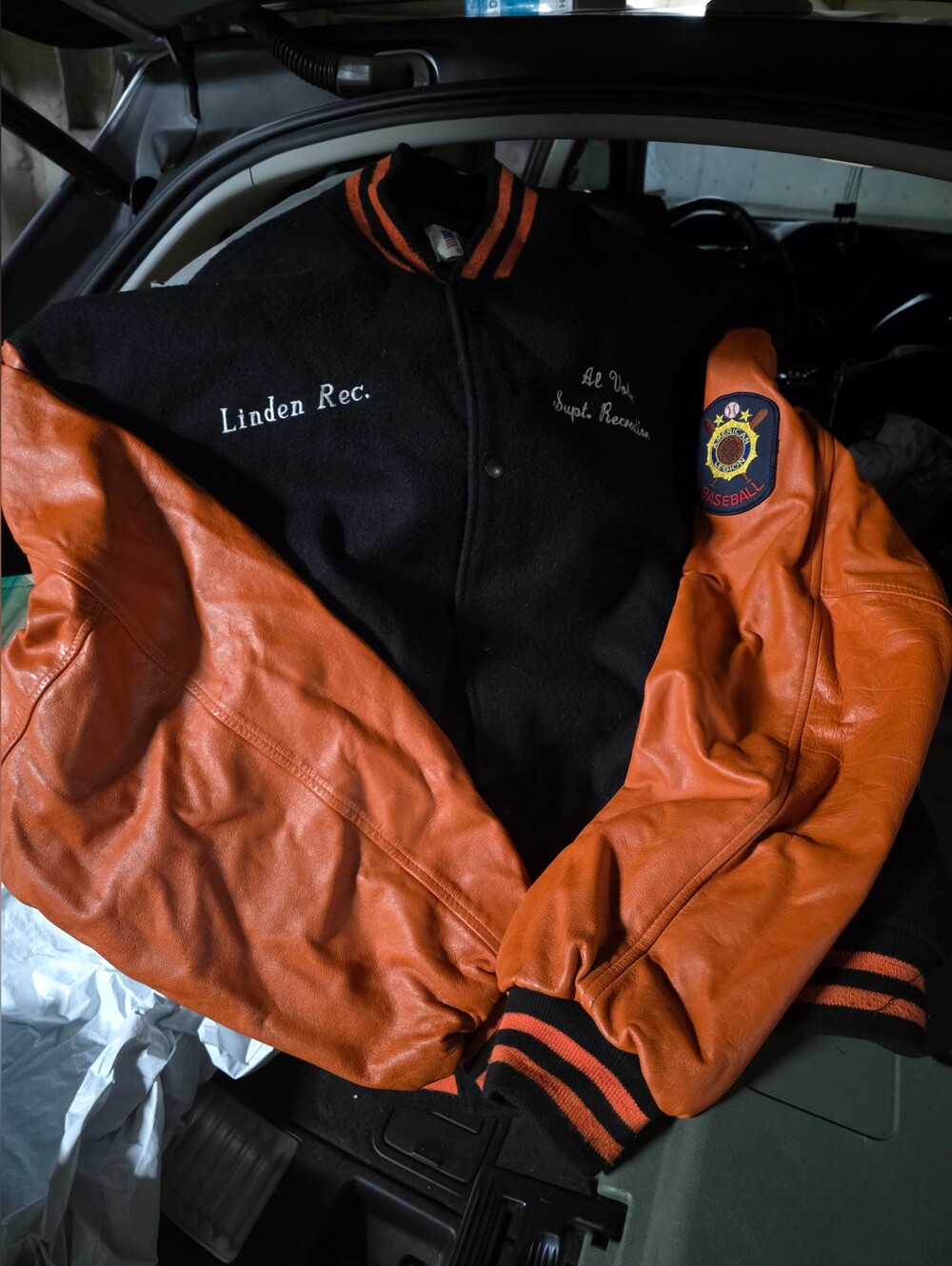 Used Vintage Black & Orange Letterman Jacket with Embroidered Patch Size 3xl